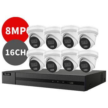 HILOOK, 16 channel IntelliSense HD-IP turret 8MP kit, Incl. 1x NVR-216MH-C/16P-4T 16ch POE NVR w/ 4TB HDD & 8x IPC-T282H-MU 8MP IP IR turret cameras w/ 2.8mm fixed lens