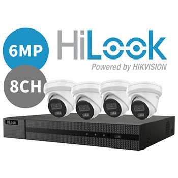 HILOOK, 8 channel IntelliSense HD-IP turret 6MP kit, Incl. 1x NVR-108MH-C/8P-4T 8ch POE NVR w/ 4TB HDD & 4x IPC-T262H-MU 6MP IP IR turret cameras w/ 2.8mm fixed lens