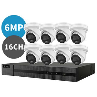 HILOOK, 16 channel IntelliSense HD-IP turret 6MP kit, Incl. 1x NVR-216MH-C/16P-4T 16ch POE NVR w/ 4TB HDD & 8x IPC-T262H-MU 6MP IP IR turret cameras w/ 2.8mm fixed lens