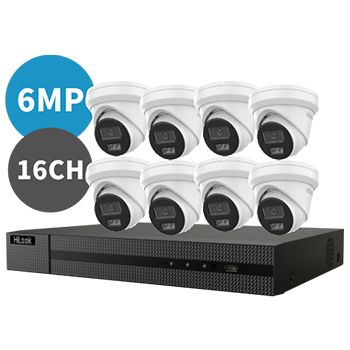 HILOOK, 16 channel IntelliSense HD-IP turret 6MP kit, Incl. 1x NVR-216MH-C/16P-4T 16ch POE NVR w/ 4TB HDD & 8x IPC-T262H-MU 6MP IP IR turret cameras w/ 2.8mm fixed lens