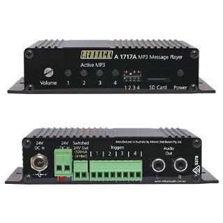 REDBACK, 4-Way MP3 message player, 4 custom tracks, Inbuilt tone library with Australian Standard tones, Stereo output, 4x Trigger inputs, Includes SD card and 24V DC PSU