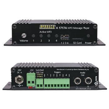 REDBACK, 4-Way MP3 message player, 4 custom tracks, Inbuilt tone library with Australian Standard tones, Stereo output, 4x Trigger inputs, Includes SD card and 24V DC PSU