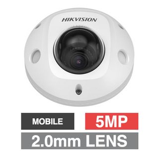 HIKVISION, 5MP IP Mobile Dome camera, 1/2.8" CMOS, 120 dB WDR, 2mm fixed lens, IR, POE/9-36V DC, IP67. IK10.