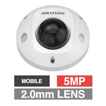 HIKVISION, 5MP IP Mobile Dome camera, 1/2.8" CMOS, 120 dB WDR, 2mm fixed lens, IR, POE/9-36V DC, IP67. IK10.