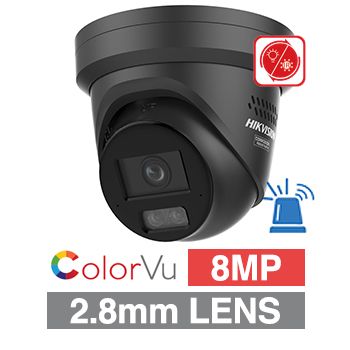 HIKVISION, 8MP ColorVu G3 Hybrid HD-IP outdoor Turret camera w/ 2-way audio, Black, 2.8mm fixed lens, 30m IR & White LED, WDR, Microphone & Speaker, 1/1.8” CMOS, H.265+, IP67, Tri-axis, 12V DC/POE