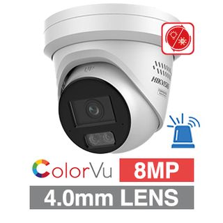 HIKVISION, 8MP ColorVu G3 Hybrid HD-IP outdoor Turret camera w/ 2-way audio, White, 4.0mm fixed lens, 30m IR & White LED, WDR, Microphone & Speaker, 1/1.8” CMOS, H.265+, IP67, Tri-axis, 12V DC/POE