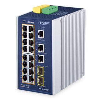 PLANET, Layer 3, 16 Port Industrial Gigabit switch, 16x Gigabit POE+ ports, 2x Gigabit RJ45, 2x SFP, IP30 rated case, -40 - 75°C op. temp, DIN/Wall mount, 87(W) x 107(H) x 152(D)mm, 48--54V DC.