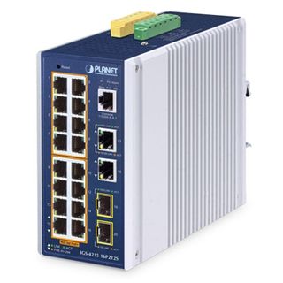 PLANET, Layer 2, 16 Port Industrial Gigabit switch, 16x Gigabit POE+ ports, 2x Gigabit RJ45, 2x SFP, IP30 rated case, -40 - 75°C op. temp, DIN/Wall mount, 76(W) x 135(H) x 152(D)mm, 48-54V DC.