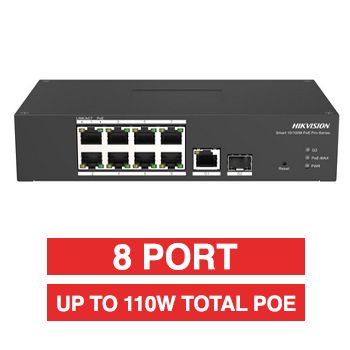 HIKVISION, 8 Port Ethernet Industrial Smart POE switch, Managed, 8x 10/100Mbps PoE ports, 1x Gigabit RJ45, 1x Gigabit SFP, Max 30W per port, Total POE power 110W, Operating temp -30 to 65 degrees