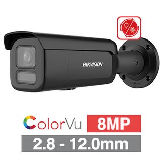 HIKVISION, 8MP ColorVu Hybrid HD-IP outdoor Bullet camera, Black, 2.8-12mm motorised zoom lens, 60m IR & White Light, WDR, I/O (Alarm & Audio), 1/1.8” CMOS, H.265+, IP67, IK10, Tri-axis, 12V DC/POE