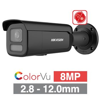 HIKVISION, 8MP ColorVu Hybrid HD-IP outdoor Bullet camera, Black, 2.8-12mm motorised zoom lens, 60m IR & White Light, WDR, I/O (Alarm & Audio), 1/1.8” CMOS, H.265+, IP67, IK10, Tri-axis, 12V DC/POE