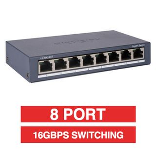 HIKVISION, 8 Port Ethernet network switch, non-POE, Non-managed, 8x 10/100/1000Mbps ports, RJ45 ports, Supports ADI/ADIX, 16 Gbps switching capacity, steel case, fanless.