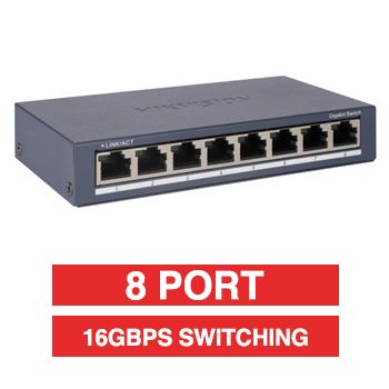 HIKVISION, 8 Port Ethernet network switch, non-POE, Non-managed, 8x 10/100/1000Mbps ports, RJ45 ports, Supports ADI/ADIX, 16 Gbps switching capacity, steel case, fanless.