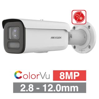 HIKVISION, 8MP ColorVu Hybrid HD-IP outdoor Bullet camera, White, 2.8-12mm motorised zoom lens, 60m IR & White Light, WDR, I/O (Alarm & Audio), 1/1.8” CMOS, H.265+, IP67, IK10, Tri-axis, 12V DC/POE