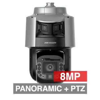 HIKVISION, TandemVu 2x 6MP HD (190 degree Panoramic) & 8MP PTZ Dome Camera, Silver, 4mm fixed lens (190 degrees) & 48X PTZ, 30m white light/500m IR, 1/1.8" CMOS, H.265+, IP67, IK10, 36V DC/ Hi-PoE