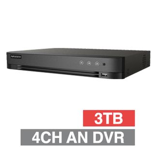 HIKVISION, Acusense Analogue Turbo HD DVR, 4 ch, H265+, 2CH IP support, 1x 3TB SATA HDD (1x 6TB max), VMD, USB/Network backup, Ethernet, 2x USB2.0, 4 Audio In/1 Out, HDMI/VGA/BNC outputs