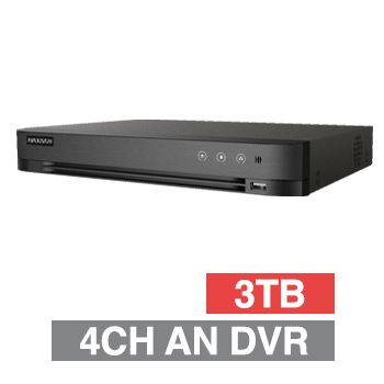 HIKVISION, Acusense Analogue Turbo HD DVR, 4 ch, H265+, 2CH IP support, 1x 3TB SATA HDD (1x 6TB max), VMD, USB/Network backup, Ethernet, 2x USB2.0, 4 Audio In/1 Out, HDMI/VGA/BNC outputs