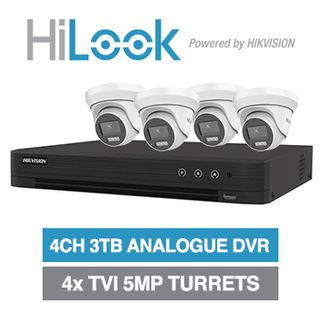 HILOOK/HIKVISION, 4 channel HD-TVI 5MP turret kit, Includes 1x iDS-7204HUHI-M1/S-3T 4ch Analogue HD DVR, 4x 5MP TVI IR turret cameras w/ 2.8mm fixed lens & 12V DC PSU