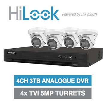 HILOOK/HIKVISION, 4 channel HD-TVI 5MP turret kit, Includes 1x iDS-7204HUHI-M1/S-3T 4ch Analogue HD DVR, 4x 5MP TVI IR turret cameras w/ 2.8mm fixed lens & 12V DC PSU