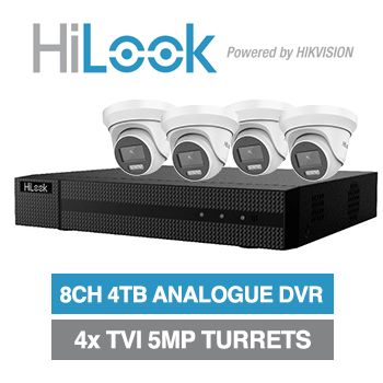 HILOOK/HIKVISION, 8 channel HD-TVI 5MP turret kit, Includes 1x DVR-208U-M1-4T 8ch Analogue HD DVR, 4x 5MP TVI IR turret cameras w/ 2.8mm fixed lens & 12V DC PSU