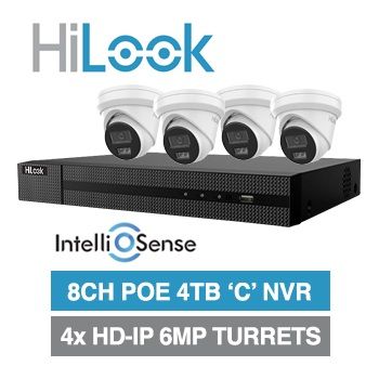 HILOOK, 8 channel IntelliSense HD-IP turret 6MP kit, Includes 1x NVR-108MH-C/8P-4T 8ch POE NVR w/ 4TB HDD & 4x IPC-T361H-MU 6MP IP IR turret cameras w/ 2.8mm fixed lens