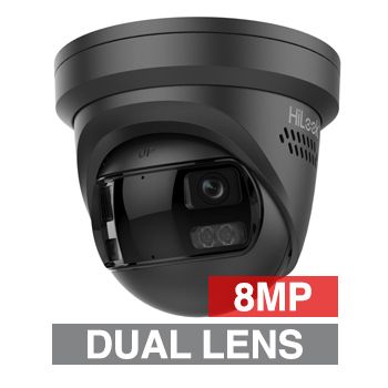 HILOOK, 8MP AIO HD-IP Outdoor Ultra Wide Dual Lens Turret camera with Red & Blue Strobe, 2 Way Audio, Black, 2mm lens, 30m IR or White light, 120dB WDR, 1/2.4" CMOS, H.265+, IP67, Tri-axis, 12V DC/PoE