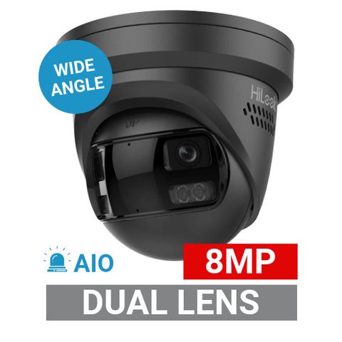 HILOOK, 8MP AIO HD-IP Outdoor Ultra Wide Dual Lens Turret camera with Red & Blue Strobe, 2 Way Audio, Black, 2mm lens, 30m IR or White light, 120dB WDR, 1/2.4" CMOS, H.265+, IP67, Tri-axis, 12V DC/PoE