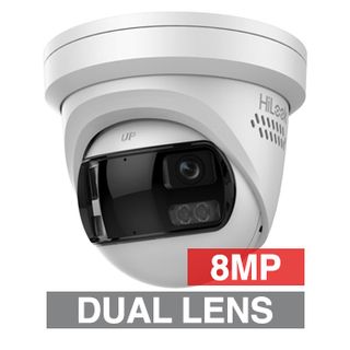 HILOOK, 8MP AIO HD-IP Outdoor Ultra Wide Dual Lens Turret camera with Red & Blue Strobe, 2 Way Audio, White, 2mm lens, 30m IR or White light, 120dB WDR, 1/2.4" CMOS, H.265+, IP67, Tri-axis, 12V DC/PoE