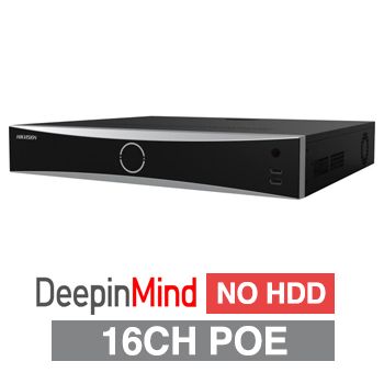 HIKVISION, HD-IP PoE NVR, DeepInMind, 16 channel (16 ch POE (IEEE 802.3af/at)), 256Mbps, NOHDD (4x 14TB SATA HDD max), DeepinView, Ethernet, 2x USB2.0 & 1x USB3.0, 16 Alarm In/ 4 Out, 2x HDMI/VGA