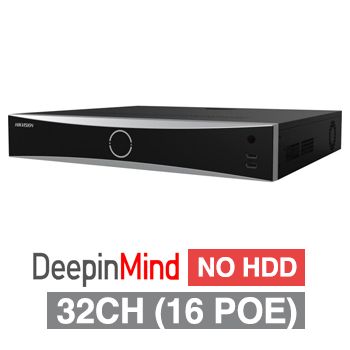 HIKVISION, HD-IP PoE NVR, DeepInMind, 32 channel (16 ch POE ), 320Mbps bandwidth, NOHDD (4x 14TB SATA HDD max), DeepinView, Ethernet, 2x USB2.0 & 1x USB3.0, 16 Alarm In/ 4 Out, 2x HDMI/VGA