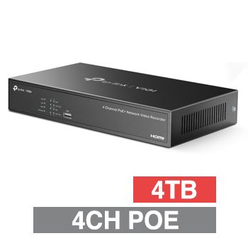 TP LINK, HD-IP POE+ NVR, 4 channel POE+ (802.3af/at), 80Mbps bandwidth, 1x 4TB SATA HDD (1x 10TB max), 2x USB2.0, 1 Audio In/Out, HDMI/VGA (simultaneous)