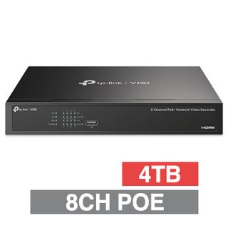 TP LINK, HD-IP POE+ NVR, 8 channel POE+ (802.3af/at), 80Mbps bandwidth, 1x 4TB SATA HDD (1x 16TB max), 2x USB2.0, 1 Audio In/Out, HDMI/VGA (simultaneous)