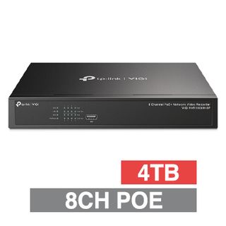 TP LINK, HD-IP POE+ NVR, 8 channel POE+ (802.3af/at), 80Mbps bandwidth, 1x 4TB SATA HDD (1x 16TB max), 2x USB2.0, 1 Audio In/Out, HDMI/VGA (simultaneous)