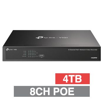 TP LINK, HD-IP POE+ NVR, 8 channel POE+ (802.3af/at), 80Mbps bandwidth, 1x 4TB SATA HDD (1x 16TB max), 2x USB2.0, 1 Audio In/Out, HDMI/VGA (simultaneous)