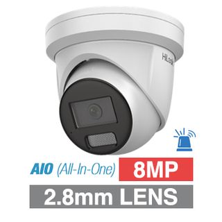 HILOOK, AIO 8MP HD-IP Outdoor Turret camera with Red & Blue Strobe, 2 Way Audio, White, 2.8mm lens, 30m IR or White light, 120dB WDR, 1/2.8" CMOS, H.265/H.265+, IP67, Tri-axis, MIC, 12V DC/PoE