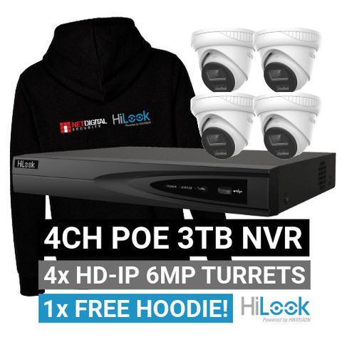 HILOOK, 4 channel T263 HD-IP turret 6MP kit, Includes 1x NVR-104MH-K/4P-3T 4ch POE NVR w/ 3TB HDD & 4x IPC-T263H-MU-2.8 6MP IP IR turret cameras w/ 2.8mm fixed lens