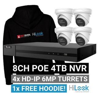 HILOOK, 8 channel T263 HD-IP turret 6MP kit, Includes 1x NVR-108MH-C/8P-4T 8ch POE NVR w/ 4TB HDD & 4x IPC-T263H-MU-2.8 6MP IP IR turret cameras w/ 2.8mm fixed lens