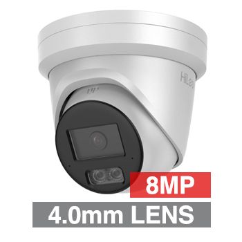 HILOOK, Pro Series Hi-Color, 8MP Outdoor Turret camera, Metal, White, 4.0mm fixed lens, 30m White Light, 130dB WDR, Day/Night (ICR), 1/1.8" CMOS, H.265+, IP67, Tri-axis, Microphone, 12V DC/PoE
