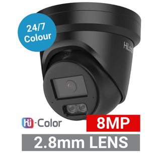 HILOOK, Pro Series Hi-Color, 8MP Outdoor Turret camera, Metal, Black, 2.8mm fixed lens, 30m White Light, 130dB WDR, Day/Night (ICR), 1/1.8" CMOS, H.265+, IP67, Tri-axis, Microphone, 12V DC/PoE
