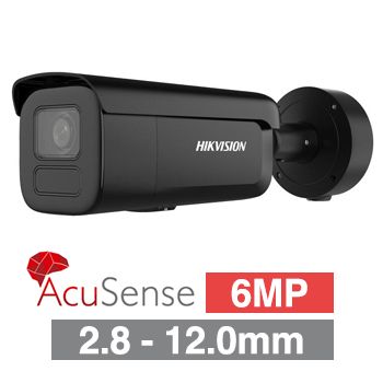 HIKVISION, 6MP AcuSense HD-IP outdoor Bullet camera, Black, 2.8-12mm motorised zoom lens, 60m IR, WDR, 1/1.8" CMOS, H.265+, IP66, IK10, Tri-axis, 12V DC/POE