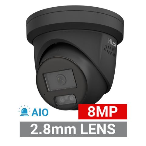 HILOOK, AIO 8MP HD-IP Outdoor Turret camera with Red & Blue Strobe, 2 Way Audio, Black, 2.8mm lens, 30m IR or White light, 120dB WDR, 1/2.8" CMOS, H.265/H.265+, IP67, Tri-axis, MIC, 12V DC/PoE