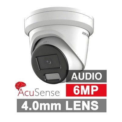 HIKVISION, 6MP AcuSense G2 HD-IP outdoor Turret camera w/ 2-way audio, strobe & audible alarm (LiveGuard), White, 4.0mm fixed lens, 30m IR, WDR, Microphone, I/O (Alarm & Audio), IP67, 12V DC/POE