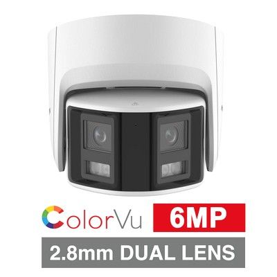 HIKVISION, 6MP ColorVu G2 HD-IP outdoor Panoramic Turret camera w/ 2-way audio, strobe & audible alarm (LiveGuard), White, 2x2.8mm fixed lens, 30m White LED, WDR, Microphone, I/O (Alarm & Audio), IP67
