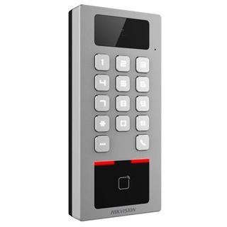 HIKVISION, Intercom & Access Control Terminal, 2MP camera, Mifare RFID reader, Keypad for PIN, Up to 100,000 users, TCP/IP (HikConnect), Wiegand, RS485, 1x Relay, 2x Inputs IP65, IK09, 12-24V DC @ 1A.