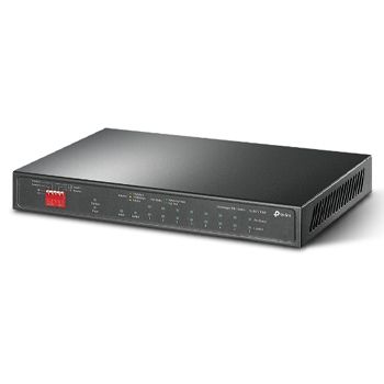 TP LINK, 10 port gigabit switch, Desk mount, Steel case, 10x Gigabit ports (incl 8x POE+), 1 Gigabit & 1x Gigabit combo SFP/RJ45, Fanless, includes 53.5V DC PSU, 123W total budget.