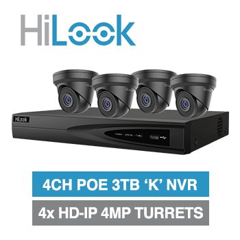 HILOOK, 4 channel HD-IP turret 4MP kit, Includes 1x NVR-104MH-K/4P-3T 4ch POE NVR w/ 3TB HDD & 4x IPC-T240H-M-2.8-BLK 4MP IP IR BLACK turret cameras w/ 2.8mm fixed lens