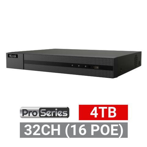 HILOOK, IP NVR, 32 channel (16x POE ports), 256Mbps bandwidth, 1x 4TB SATA HDD (2x 10TB max), VMD, 2x Ethernet, 2x USB2.0 & 1x USB3.0, 1 Audio In/Out, 2x HDMI/1xVGA
