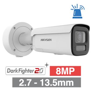 HIKVISION, 8MP AcuSense ColorVu G3 Dual Illumination outdoor Bullet camera, White, 2.7-13.5mm motorised zoom lens, 60m IR/White Light, WDR, 1/1.8" CMOS, H.265+, IP66, IK10, Tri-axis, 12V DC/POE