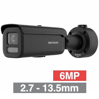 HIKVISION, 6MP AcuSense HD-IP outdoor Bullet camera, Black, 2.7-13.5mm motorised zoom lens, 60m IR, WDR, 1/1.8" CMOS, H.265+, IP66, IK10, Tri-axis, 12V DC/POE