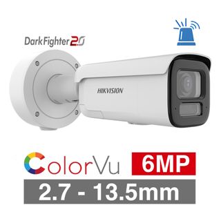 HIKVISION, 6MP AcuSense ColorVu G3 Dual Illumination outdoor Bullet camera, White, 2.7-13.5mm motorised zoom lens, 60m IR/White Light, WDR, 1/1.8" CMOS, H.265+, IP66, IK10, Tri-axis, 12V DC/POE